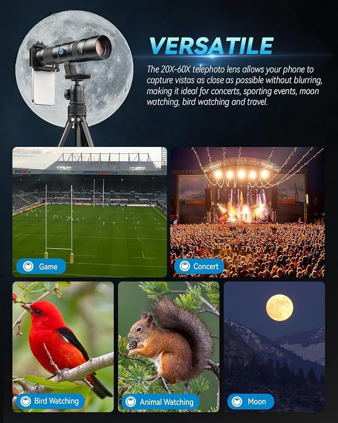 20-60X Zoom Telephoto Lens, Evil Eye High Power HD Telephoto Phone Lens with Tripod and Universal Phone Clip for iPhone 16/15/14/13 Series, Samsung, Android Phone and Most Smartphone - Image 4