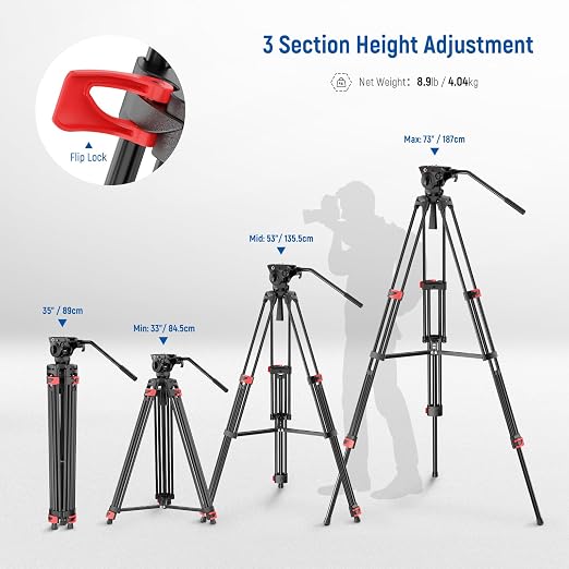 NEEWER Basics 74" Video Tripod with Fluid Head, Metal Camera Stand, TP37 | Smooth Friction Damping, Mid Level Spreader, Quick Release Plate Compatible with Manfrotto 501, Max Load 17.6lb - Image 2