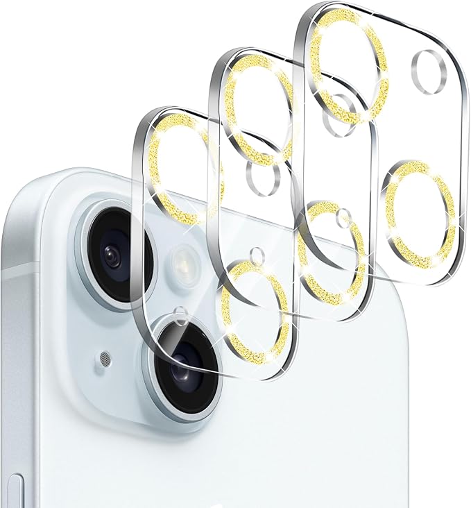 Dengduoduo 3 Pack Tempered Glass Camera Lens Protector for iPhone 15 6.1" & for iPhone 15 Plus 6.7",Bling Glitter, Ultra HD, 9H Hardness, Anti-Scratch, Case Friendly [No Affect on Night Shots]-Gold by Dengduoduo