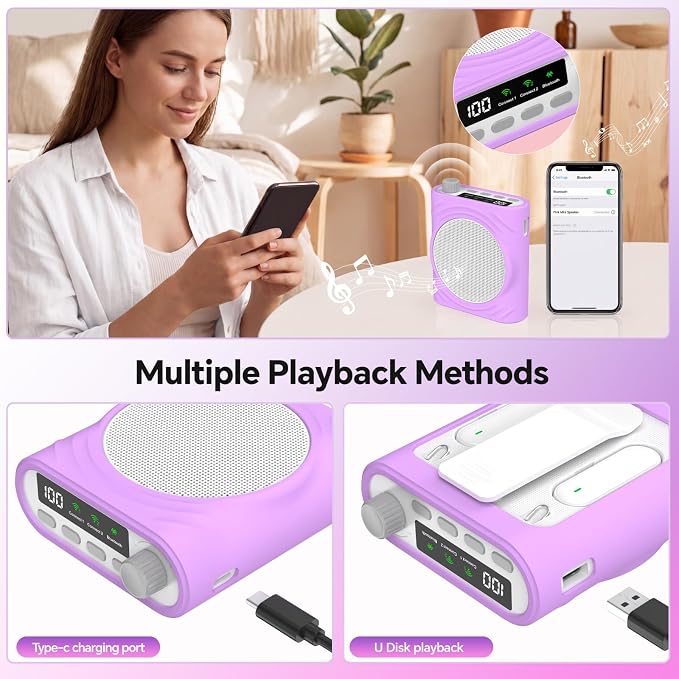 Voice Amplifier for Teachers, Portable Bluetooth Mini Personal Speaker with Wireless Lavalier Mic & Silicone Protective Cover, Ideal for Classroom, Conference and Tour Guide (Purple) - Image 7