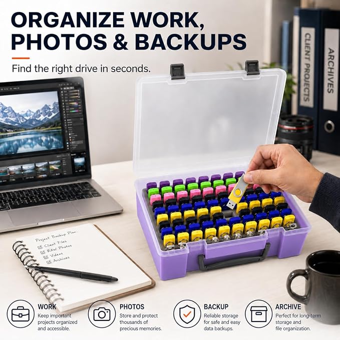FULLCASE USB Flash Drive Case for SanDisk,for Samsung,for PNY,104-Slot | Hard Plastic Thumb Drive Organizer,for Lexar,for JOIOT,for SamData,for SIMMAX,Dual-size Removable Foam,Case Only Purple - Image 6