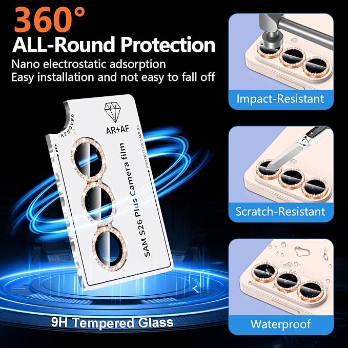 for Samsung Galaxy S26 Plus Camera Lens Protector, Individual Metal Ring Tempered Glass Lens Cover, [Strong Adsorption] Scratch Resistant Ultra-Thin HD Clear Lens Cover, 1 Set-Orange Diamond - Image 2