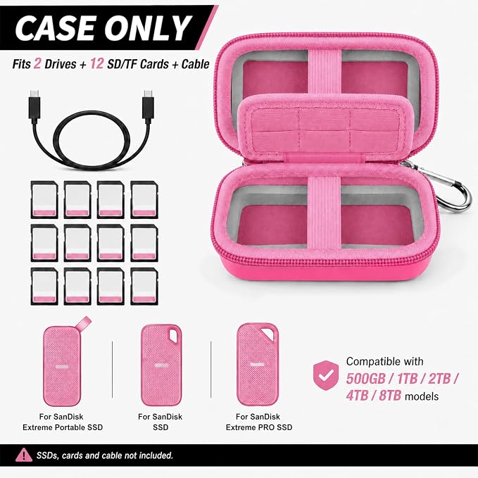 Comecase Dual SSD Case for SanDisk Extreme Portable SSD and Extreme PRO | Holds 2 Drives & 12 SD Cards, Elastic Strap Fit 500GB/1TB/2TB/4TB/8TB, Cable Groove & Carabiner for Travel,Rose Red, Box Only - Image 2