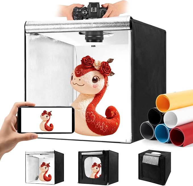 Photo Light Box, Portable 12/16/20/24/32 Inch Photo Studio LightBox, Shooting Tent Kit with 189 Light Beads and 6 Color Backdrops. Lightbox with 3 Stepless Dimming Light Boards for Product Photography by Unknown