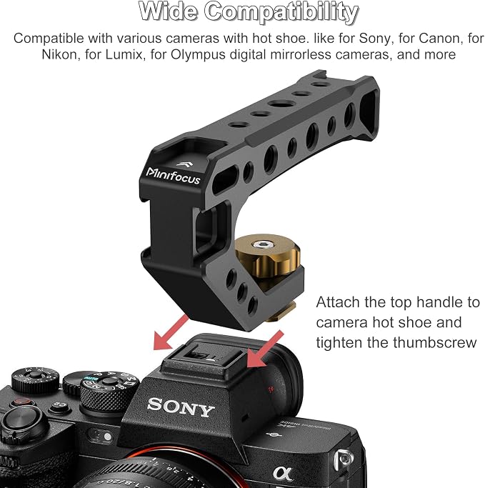 Top Handle with Cold Shoe Mount, Lightweight Handle Grip for Camera Cage, Universal Camera Top Handgrip with 4 Cold Shoe and 1/4" & 3/8" Holes for Camera Cage, Microphone, LED Light, Monitor - Image 7