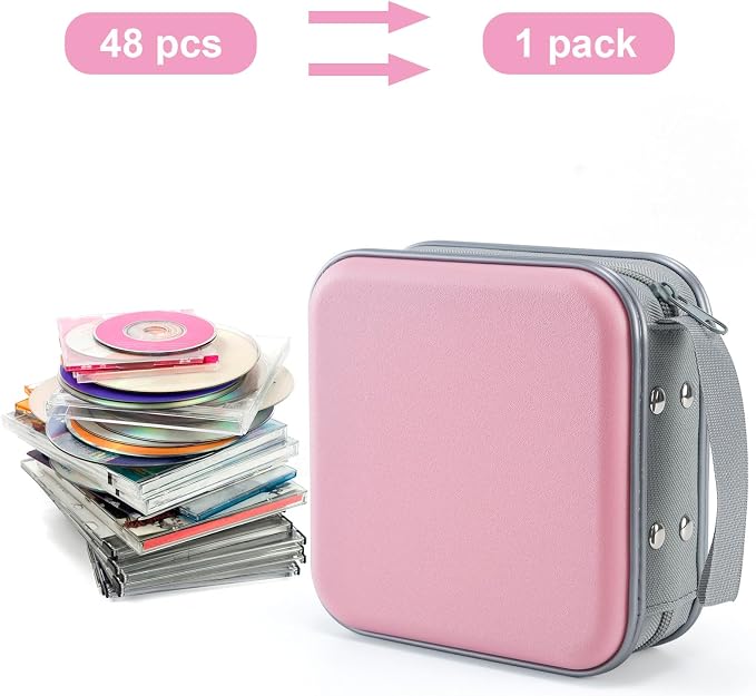 LIOVODE DVD Case, 48 Capacity Hard Plastic CD Case Holder for Car | DVD Storage, Hand Strap, Zipper Closure, Scratch-Resistant Sleeves, CD Storage for Music Blu-Ray Game Disc for Travel Office - Image 2