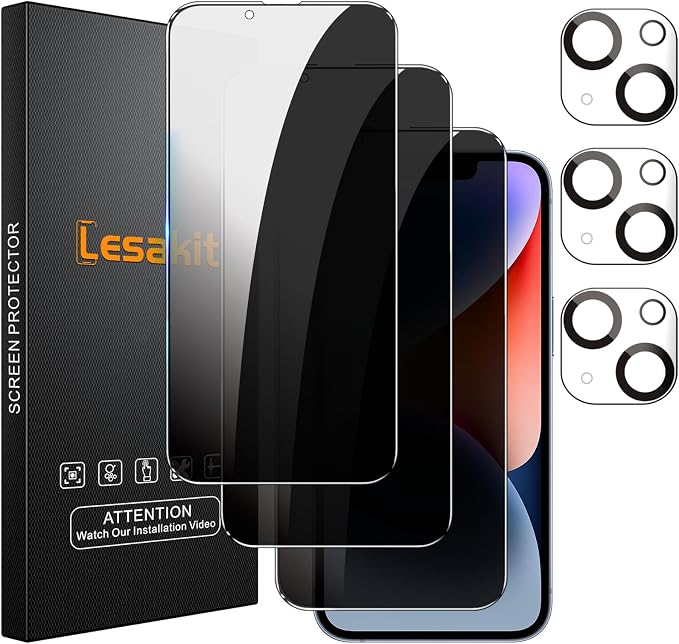 Lesakit 3+3 Pack Privacy Screen Protector for iPhone 14 6.1-Inch with 3 Pack Camera Lens Protector, Anti Spy Tempered Glass Film 9H Hardness Bubble Free Case Friendly by Lesakit