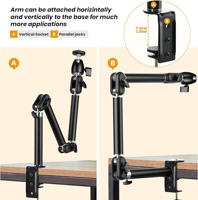 TARION Overhead Camera Desk Mount Articulating Arm with Gear Joints TKA01-M | 3-Section Arm, 6.6lb Load Capacity, 3/8'' Screw and 1/4'' Screw Ballhead, for DSLR SLR Mirrorless Cameras Projector Ringlight - Image 4