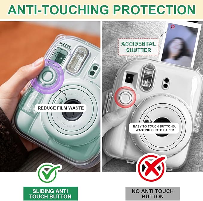 Clear Camera Case for Fujifilm Instax Mini 13, Green Camera Strap | Protective Cover with Anti-Accidental Shutter, 4 Composition Cards, Photo Storage Holds 10 Films,Clear Hard Shell, No Camera - Image 4