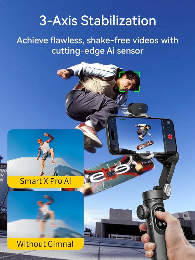 AOCHUAN Gimbal Stabilizer for iPhone with AI Vision Sensor for Face Tracking, 3-Axis Phone Gimbal w/OLED Display for Vlog Recording, Compatible with iPhone/Android-Smart XPro AI Black - Image 3