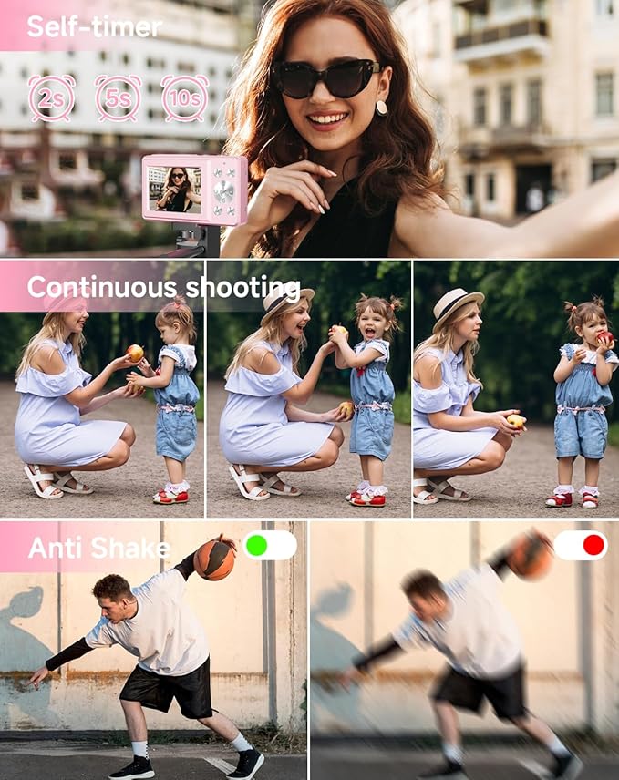 Digital Camera for Kids, FHD 1080P 44MP Point and Shoot Digital Camera with Face Detect, Smile Capture, 16X Zoom, 20 Filters, Anti Shake, Pink Compact Vintage Camera - Image 3