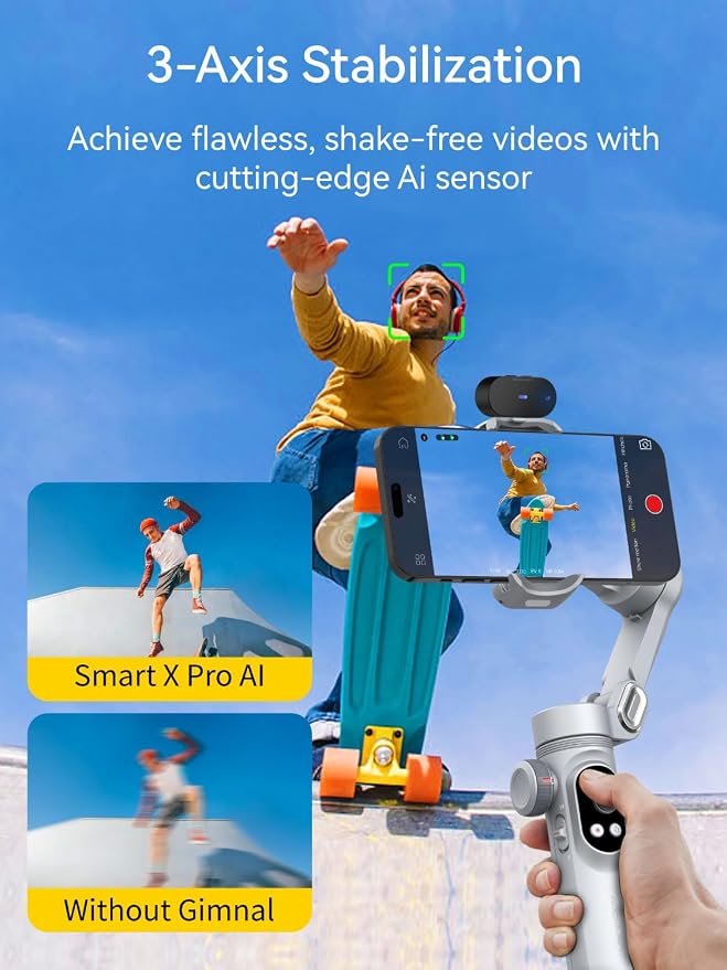 AOCHUAN 3-Axis Phone Gimbal, Gimbal Stabilizer for iPhone w/AI Vision Sensor, Portable for iPhone/Andriod, Phone Stabilizer Built in Fill Light Perfect for TikTok YouTube-Smart XPro AI Grey - Image 3