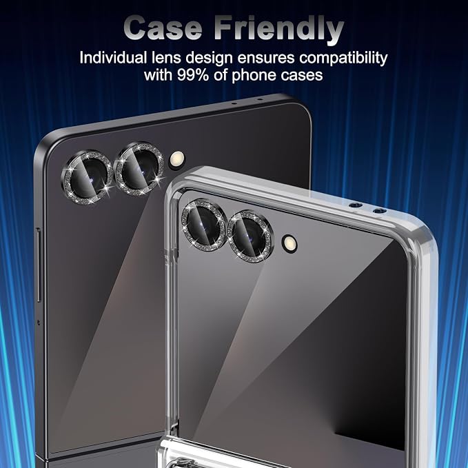 Meshine for Samsung Galaxy Z Flip 8 Camera Lens Protector,Scratch Proof,Strong Adsorption,9H Hardness with Metal Ring Camera Cover,Ultra Thin Case Friendly,Accessories Lens Protector,Glitter Black - Image 6