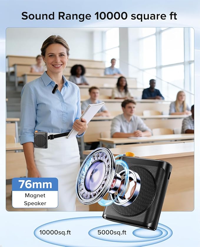 Voice Amplifier for Teachers with 2 Magnetic Lavalier Mics, Black | Bluetooth Portable Rechargeable Speaker for Classroom, Meetings, Tour Guide Speeches, Public Speaking, Coaches, PA System - Image 2