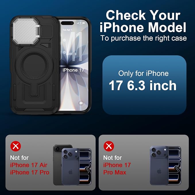 iPhone 17 Case with Cover Stand, Magnetic Case with Camera Cover Lens Protector Phone Cover Grip Stand MagSafe for iPhone 17 Pro Military-Grade Shockproof CASE Kickstand for iPhone 17, 6.3 inch, Black - Image 2