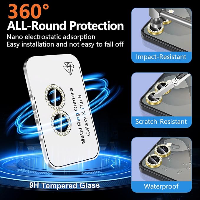 for Samsung Galaxy Z Flip 8 Camera Lens Protector, Individual Metal Ring Tempered Glass Lens Cover, [Strong Adsorption] Scratch Resistant Ultra-Thin HD Clear Lens Cover, 1 Set-Gold Diamond - Image 2