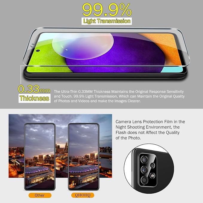 QHOHQ 3 Pack Screen Protector for Samsung Galaxy A52 4G/5G with 3 Packs Camera Lens Protector,Tempered Glass Film,9H Hardness - HD - Anti-Scratch - 2.5D Edge - Anti-Fingerprint - Easy Installation - Image 5