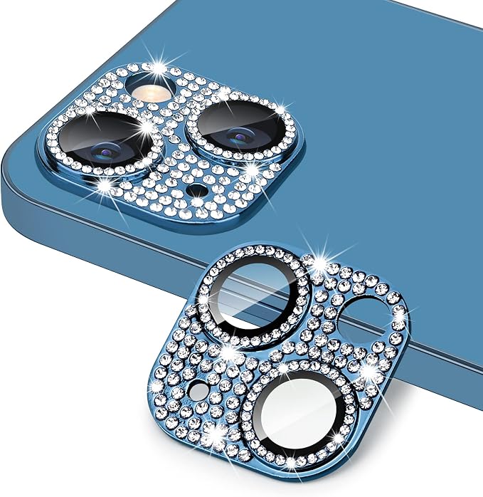 for iPhone 13 & iPhone 13 Mini Camera Lens Protector, Bling 3D Rhinestone Sparkle Diamond 9H Tempered Glass Camera Cover Anti Scratch Shockproof Metal Lens Screen Full Protective Cover by Hsefo