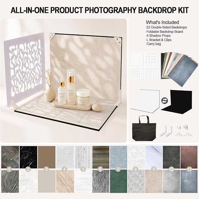 Product Photography Backdrops Kit, 16.5 x 11.7 inch, 22 Designs | 11 Double-Sided Photo Backdrops with 4 shadow props for food photography, jewelry, handmade products and UGC content. - Image 2