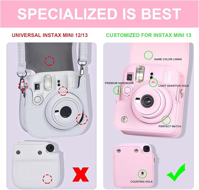 CAIYOULE Camera Case for Fujifilm Instax Mini 13 Instant Film Camera, Pink | Mini 13 Protective Camera Case, PU Leather Camera Crossbody Bag for Instax Mini 13, with Photo Album, Adjustable Strap - Image 4