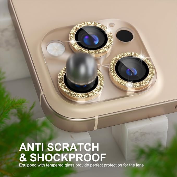 Choiche for iPhone 16 Pro/iPhone 16 Pro Max Camera Lens Protector | Bling Camera Cover with 9H Tempered Glass Lens Screen Protector Metal Ring Decoration Accessories (Clear-Titanium Desert) - Image 3