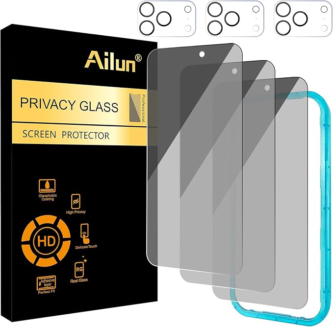 Ailun Privacy Screen Protector + Camera Lens Protector for iPhone 17 Pro | 3+3 Pack, 6.3 inch, Installation Frame, Dynamic Island Compatible, Anti Spy Tempered Glass by Ailun