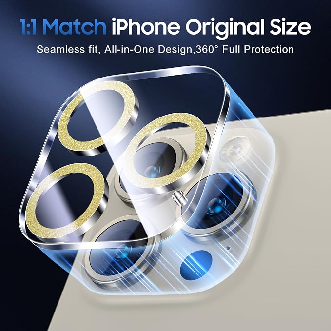 UniqueMe for iPhone 15 Pro/15 Pro Max Camera Lens Protector Bling Golden | 3 Pack-Drop Protection, Case Friendly, 9H Tempered Glass, Camera Cover Screen, Update New Version - Image 5