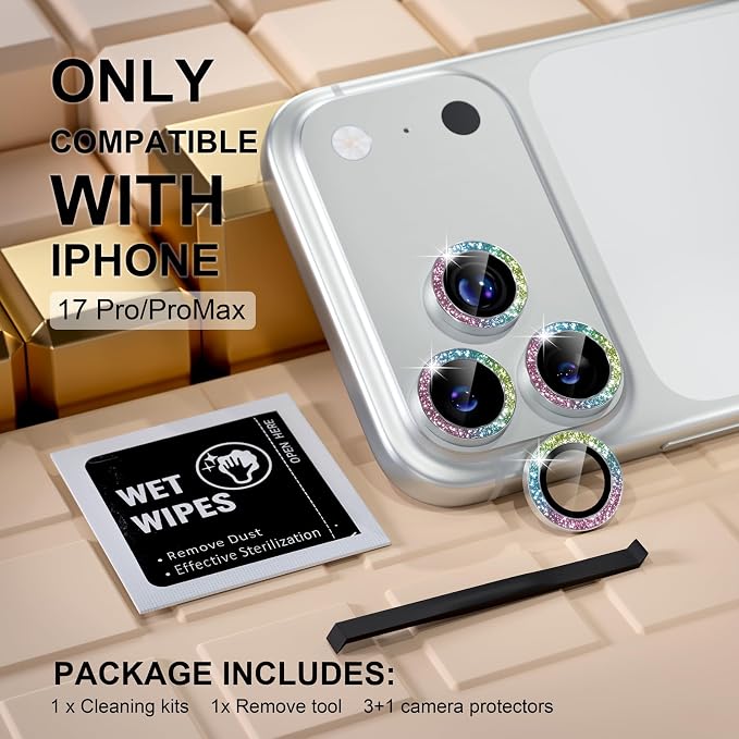 Misea Compatible for iPhone 17 Pro/iPhone 17 Pro Max Camera Lens Protector | 9H Tempered Glass Ultra HD Bling Camera Screen Protector Cover Metal Individual Ring Decoration Accessories, Colorful Glitter - Image 2