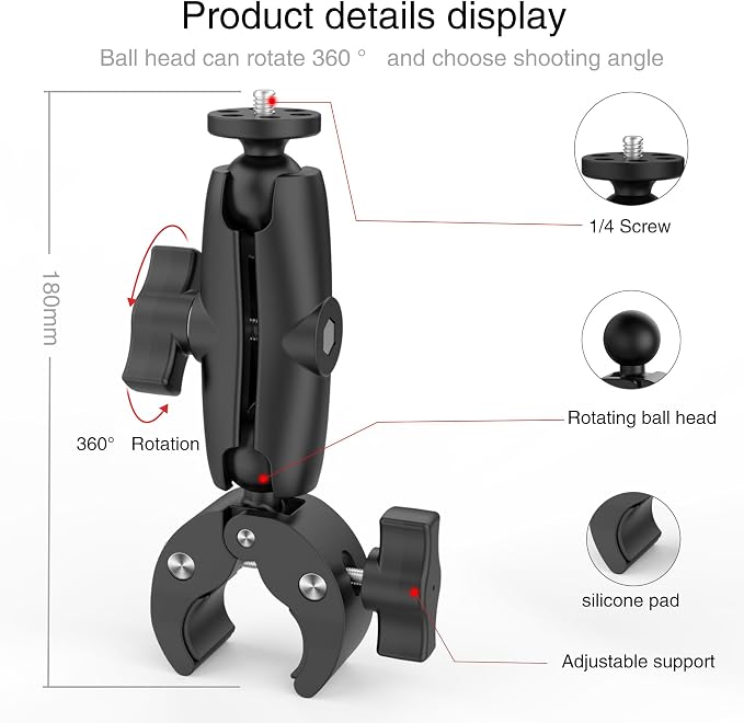 Super Camera Clamp Mount 3.6" Socket Arm 360°Ball Head Magic Arm 1/4" Thread for Canon Nikon/Digital Camera/DSLR/Gopro/Insta360/LED Light(Gopro Adapter,Phone Holder) - Image 3