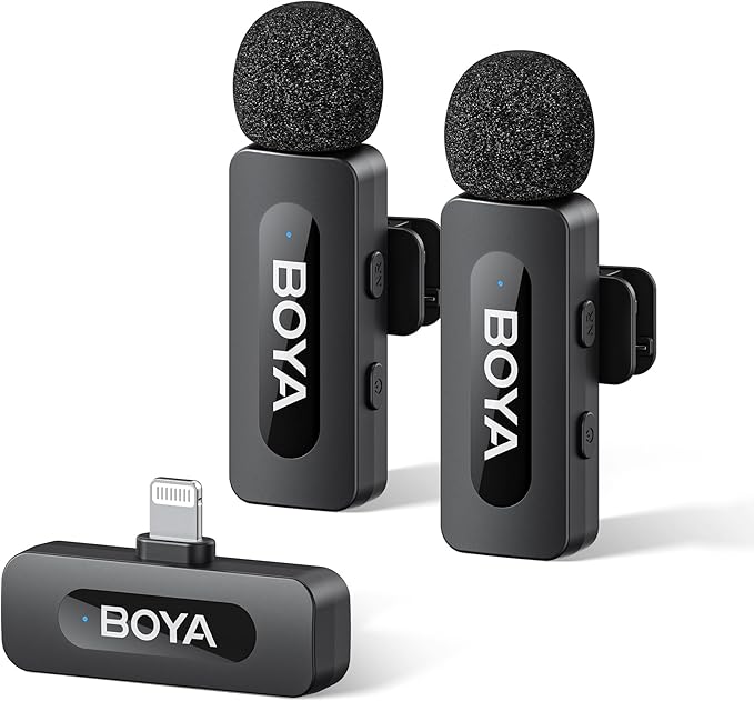 BOYA BY-V2 Wireless Microphones for iPhone iPad with MFi Certified Lightning Port, 328ft Range, 9H Battery Life, Noise Reduction Mini Mic Clip on Lapel Microphone Wireless for Video Recroding by BOYA