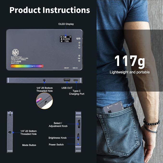 T12 Pro RGB Video Light,12W Portable LED Camera Light with 2500-8000K, 4000mAh Rechargeable Battery, 21 Effects, CRI 96+, for Studio Photography, Vlogging, Streaming, Selfie Video and Phone Recording - Image 4