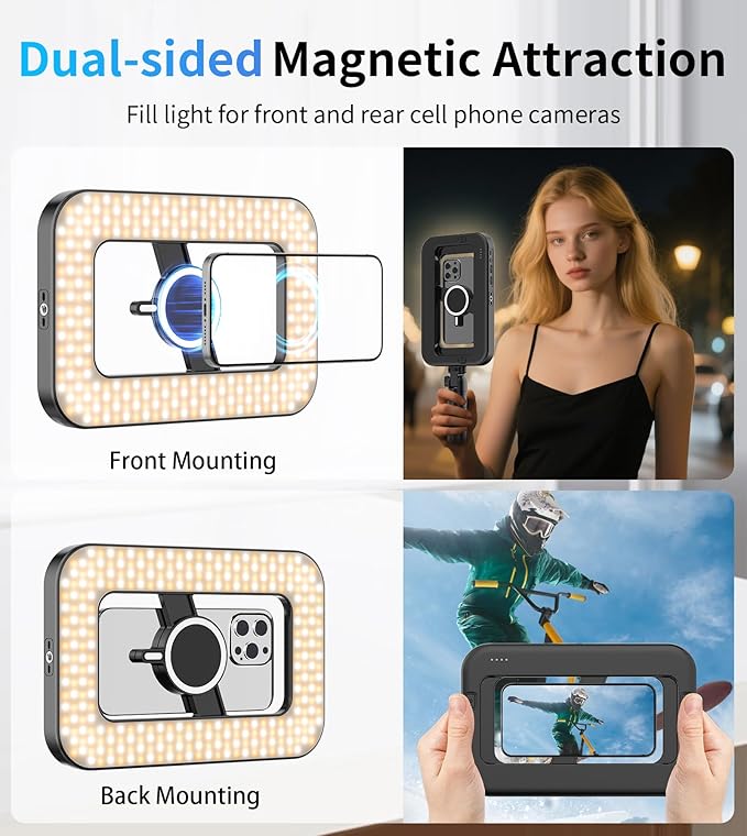 Magnetic 6000mAh Selfie Ring Light for iPhone 448LED RGB Light with Stand | RechargeablePhone Light with Mini Tripod Stand Double-Sided Magnetic Handheld Stabilizer for Magsafe/Video Recording/Photos - Image 3