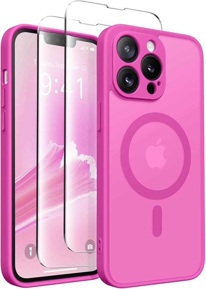 CAPRARO for iPhone 13 Pro Max Case, Compatible with MagSafe | Upgraded [Full Camera Protection] Shockproof Protective Slim Translucent Matte Magnetic Phone Case 6.7'', Shocking Pink by CAPRARO