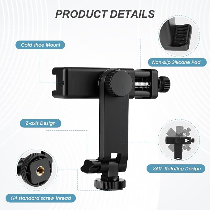 Universal Cell Phone Tripod Mount Adapter, Camera Hot Shoe Phone Holder Clamp with 360 Rotation Bracket 1/4" Screw Hole for Canon Nikon Sony DSLR iPhone Android - Image 2