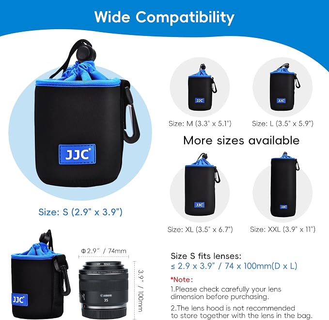 JJC Neoprene Camera Lens Pouch Case, Drawstring Bag for Lens up to 2.9x3.9" | Water-Resistant, Soft Padded, with Carabiner, Compatible with Canon RF 35mm, EF 50mm,EF-S 18-55mm, EF-M 15-45mm, Sony E 50mm - Image 3