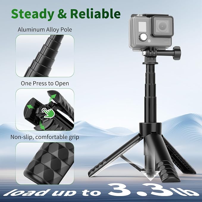 JOILCAN 25.2" Mini Selfie Stick Tripod, Portable Handle Grip Tripod | Action Camera Selfie Stick for GoPro Hero 13/12/11/10/9/8/Max, Insta360, DJI Osmo Action 6/5/4/3 & Pocket 3 - Image 6