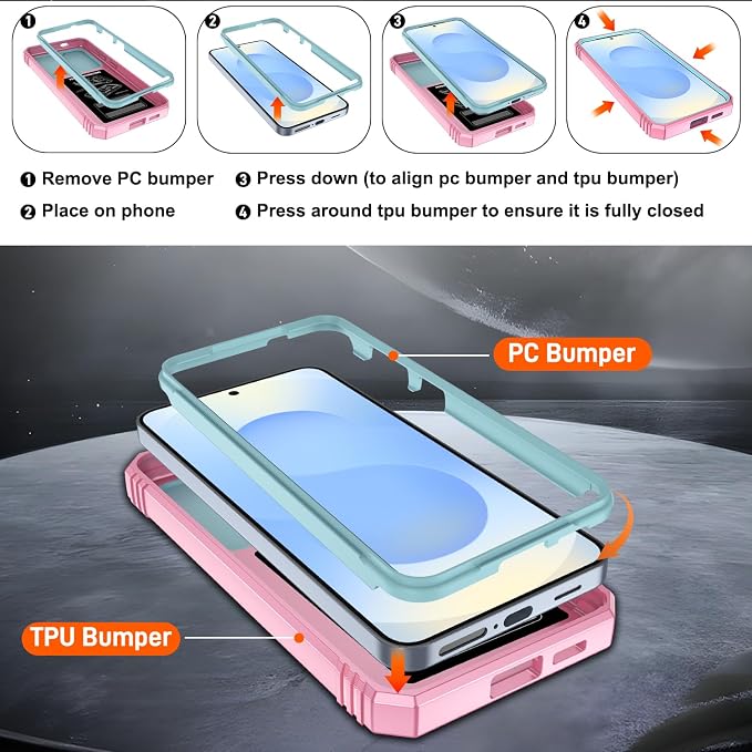Gritup Fit for Samsung Galaxy S25 Case with Slide Camera Cover | 2 Pcs Screen Protector, Build in 360° Rotating Ring Kickstand, Military Grade Protective Phone Case, Green+Pink - Image 4