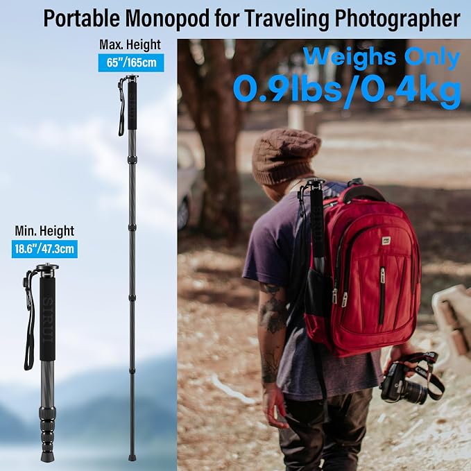 SIRUI Carbon Fiber Monopod for cameras, 65" Compact Lightweight Travel Monopod, 6 Sections, Load up 15kg, included Phone Holder (AM-MDP01) - Image 2