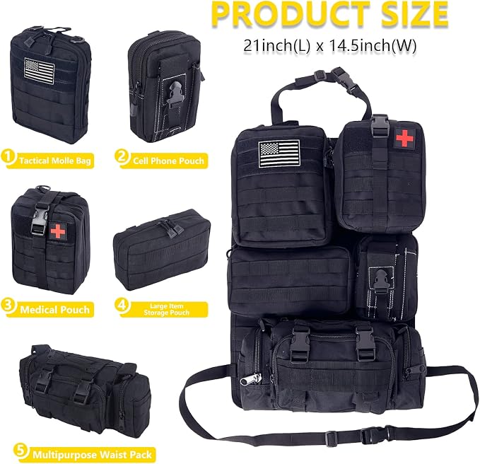Universal Tactical Car Seat Back Organizer Bag Tactical Molle Vehicle Organizers Panel Vehicle Protector Organizers with 5 Detachable Pouches for Car Truck Ford Jeep (Black) - Image 2