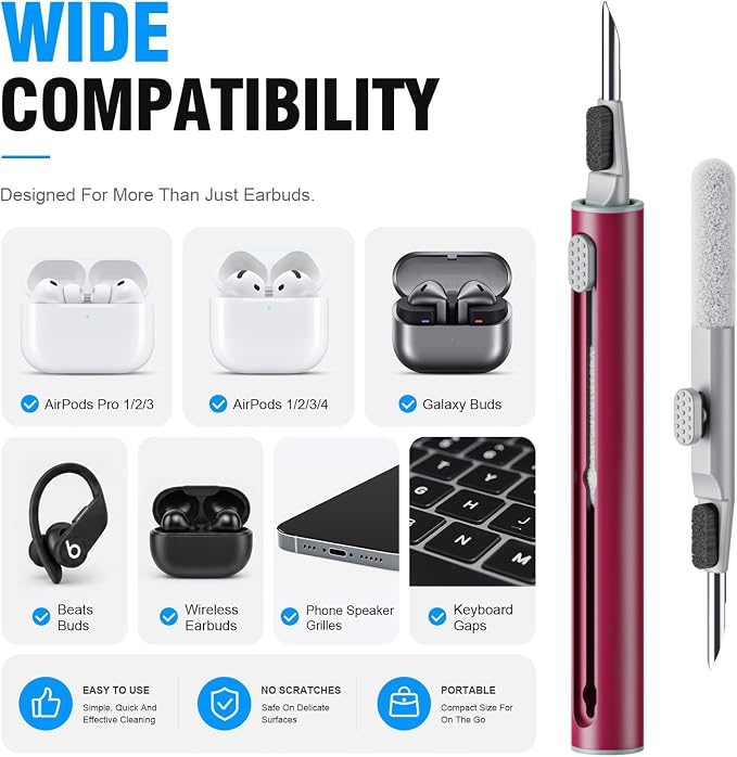 Hyashee Cleaner Kit for Airpods Pro 1 2 3 Multi-Function Cleaning Pen with Soft Brush Flocking Sponge for Bluetooth Earphones Case Cleaning Tools (Red) - Image 5