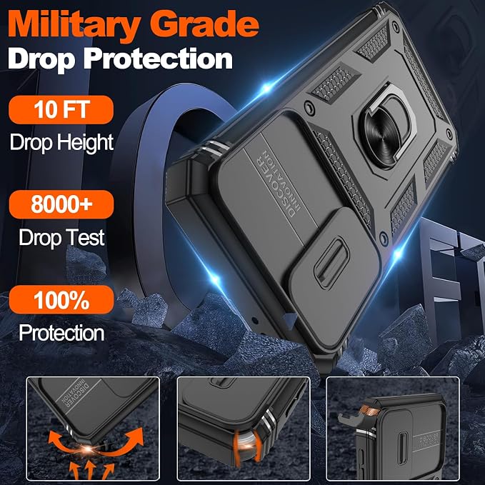 Gritup for Samsung Galaxy A37 5G Phone Case with Camera Cover | 2*Screen Protector | 360° Rotating Ring Kickstand, Military Grade Protective Cover para Samsung A 37, Black - Image 5