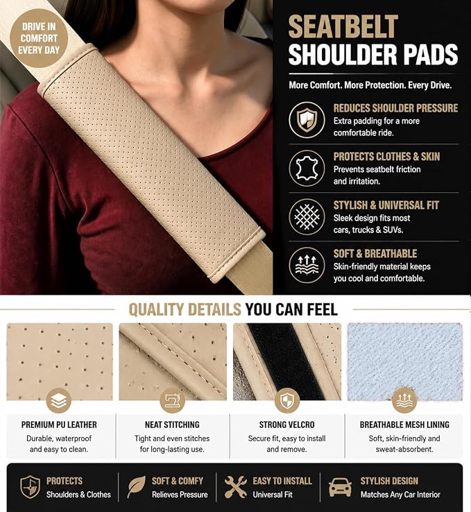 Beige Breathable PU Leather Seat Belt Covers - 2Pcs, Perforated Seat Belt Pads, Universal Fit for Car Truck SUV - Image 3