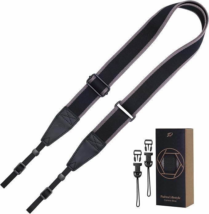 Padwa Lifestyle Adjustable Camera Strap - 1.5" Full Grain Leather Ends Camera Straps for Photographers, Adjustable Neck Shoulder & Crossbody Cotton Strap Quick Release for Cameras and Binoculars by PadwaLifestyleCameraStrap