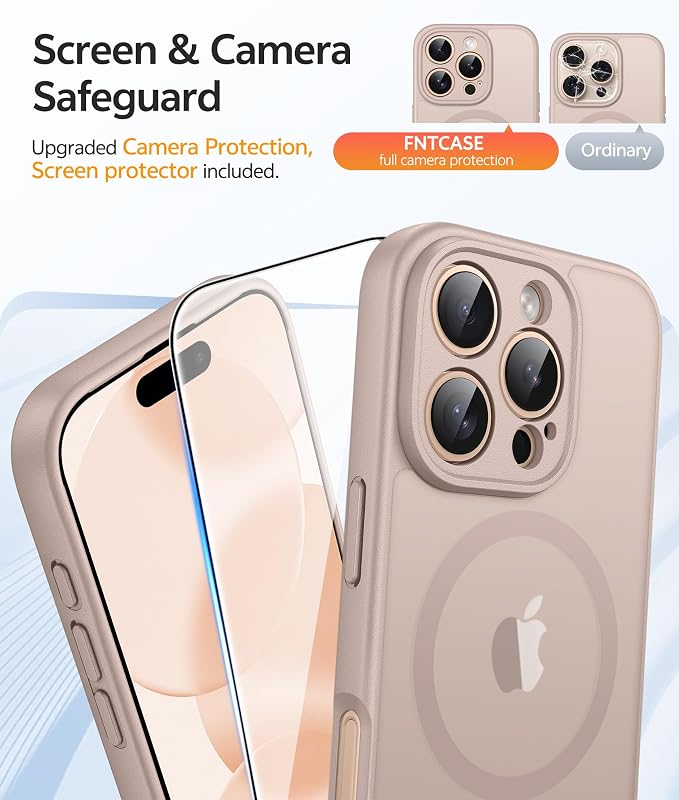 FNTCASE for iPhone 16 Pro Max Case, Fit for Magsafe, Glass Screen Protector | Full Camera Protection, Translucent Matte, 14FT Military Grade Drop Proof, Shockproof Protective Phone Cover, Desert Gold - Image 4
