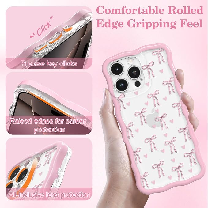 QLTYPRI for iPhone 14 Pro Max Pink Bow Case, Clear Cute Pink Ribbon Bow Phone Case Curly Wavy Aesthetic Phone Cover, Soft Slim Transparent TPU Shockproof Protective Cover for Women Girls - Love Bow - Image 3