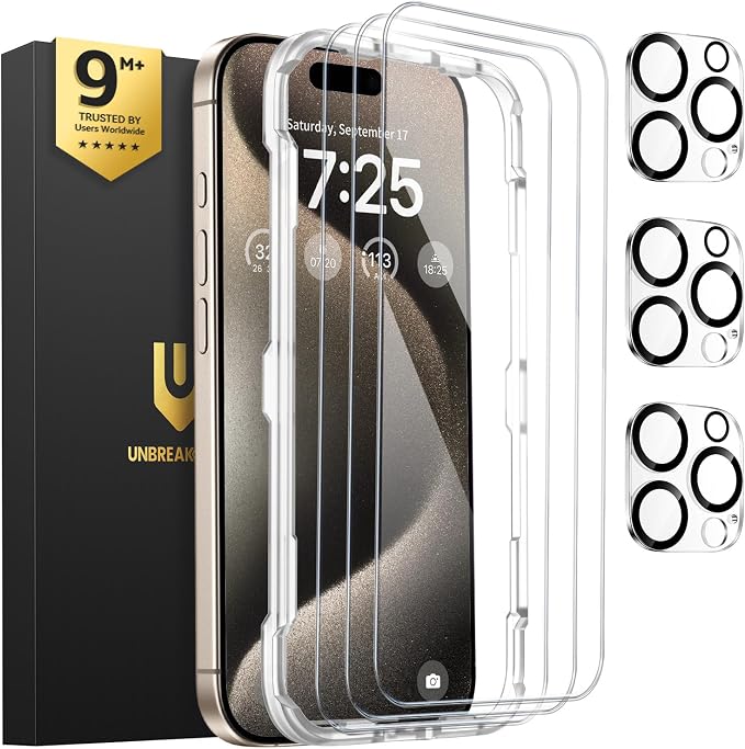 UNBREAKcable iPhone 15 Pro Max Screen Protector & Camera Lens Protector | Upgraded Dual-Tempered Glass with Military-Grade 9H Hardness, 3-Pack,HD Clarity, Anti-Fingerprint, Case Friendly, Fits 6.7'' by UNBREAKcable