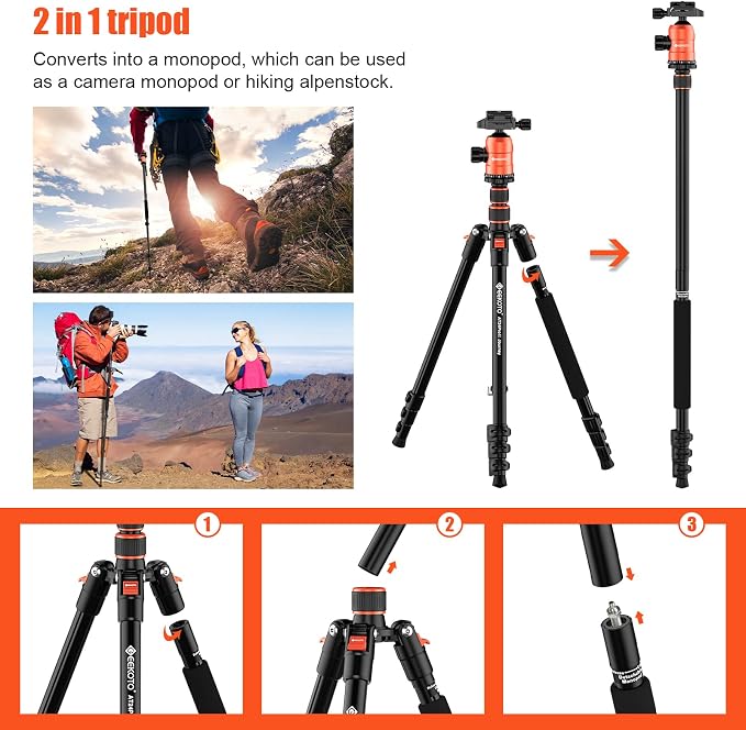 [Upgrade Version] GEEKOTO 77'' Aluminum Camera Stand & Monopod, Foldable Travel Gear with 360° Ball Head and Quick Release Plate for DSLR, Work, and Content Creation - Image 4