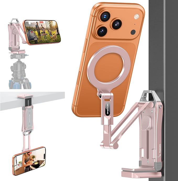 OMOTON TP02-Pro Magnetic Phone Holder for Vlogging, Content Creator Essentials with 1/4" Screw, Arca (7-Pink) | Arca-type Base with a 1/4" Screw Hole, Magnetic Ring with Rear Attachment Plate, for iPhone 12-17 Series, Gym Kitchen Travel by OMOTON