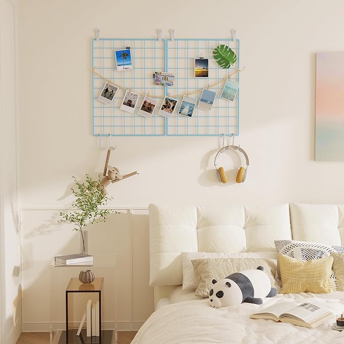 C&AHOME Photo Wall Grid Panel Set of 2, Decor Grid Panel, 15.7" 11.8", Blue | Photo Display Shelves, Wall Storagae Organizer, Hooks, Clips, Hemp Cord, Hammer - Image 8