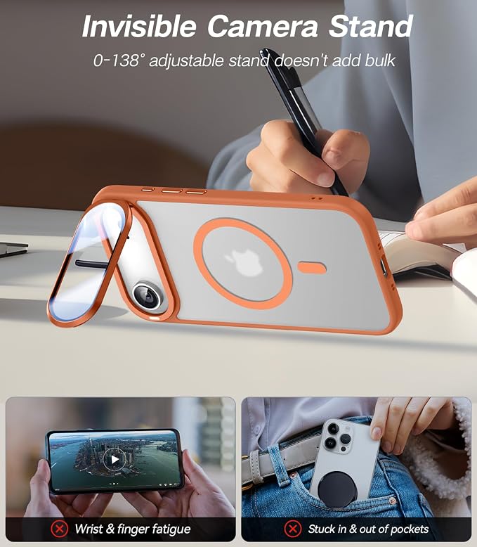 VOFATA [Upgraded Full Camera Protection] for iPhone Air Case with Camera Cover Stand [Fit for MagSafe][10FT Mil-Grade Protection] Translucent Magnetic Phone Cover for iPhone 17 Air Case, Orange - Image 3